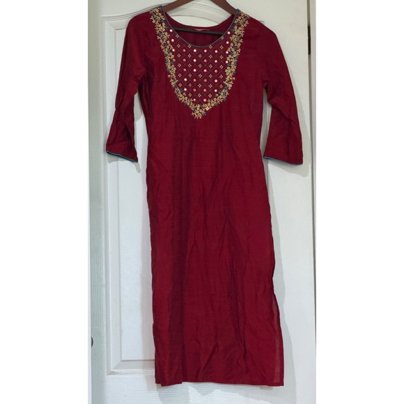 Kasthuri Other - Kasthuri Burgundy Red Embroidered Mirror Work Kurti Tunic Top Women Large L